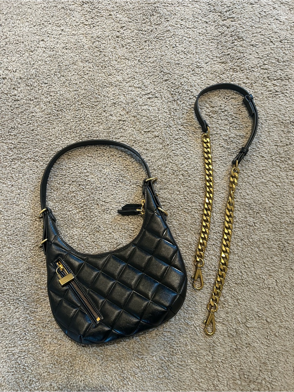 Charles & Keith Black Quilted Shoulder Bag with Gold Crossbody Chain Strap